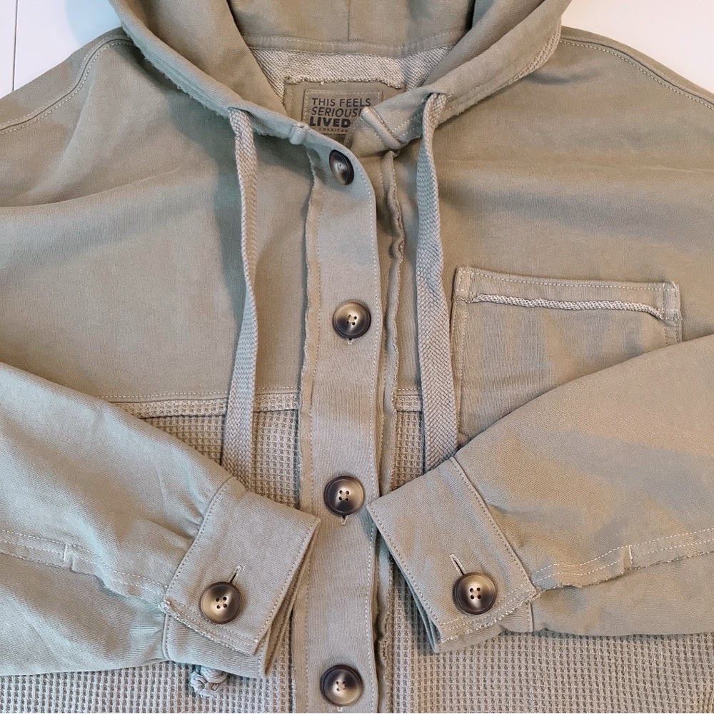 🫒American Eagle Waffle Knit Shacket Button Down Hoodie Oversized Green XS - Picture 8 of 12